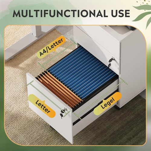 DEVAISE Mobile File Cabinet - 3 Drawer Rolling Storage with Lock | White Wood for Home Office, Fits Letter/Legal/A4 Size