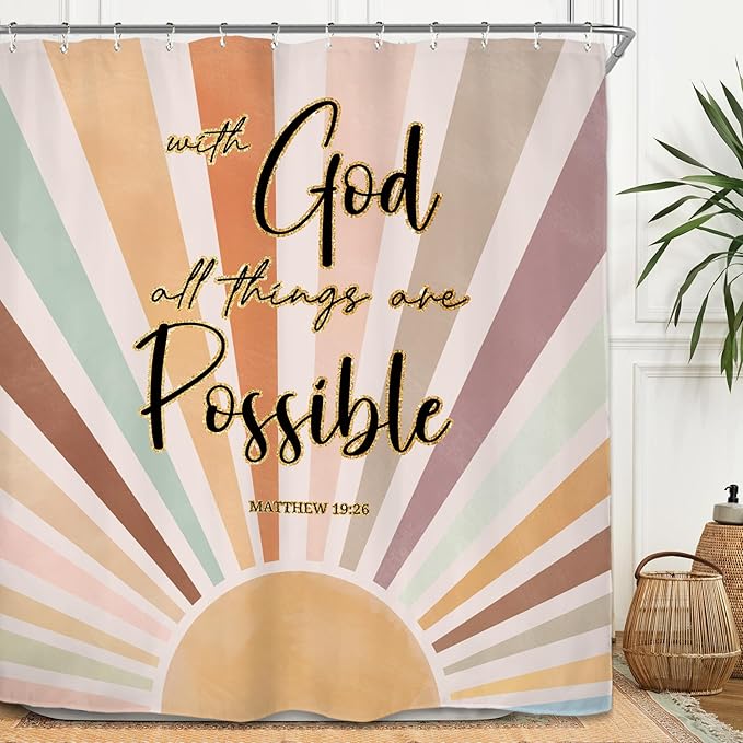 Miyotaa Pastel Sun Rainbow Shower Curtain Set 60Wx71H Inches Bible Inspirational Motivational Retro Minimalist Abstract Colorful Aesthetic Polyester Waterproof Bathroom Curtain with 12 Hooks