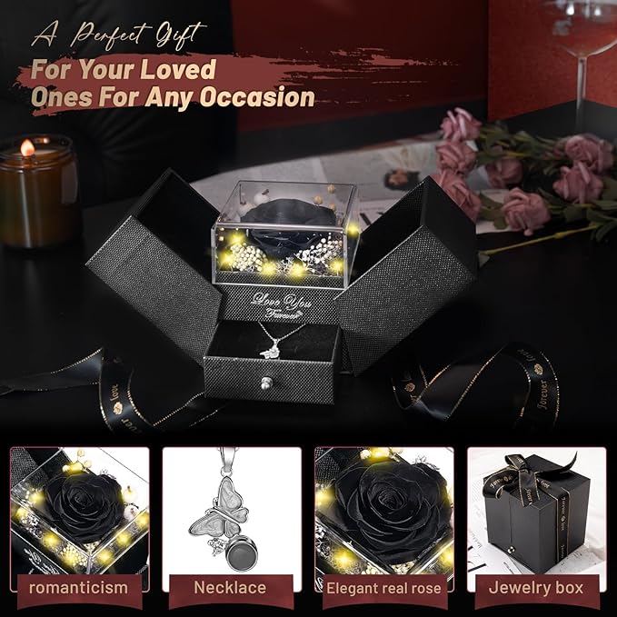 DRTINA Preserved Black Real Rose with I Love You Butterfly Necklace-Eternal Flowers Rose Birthday Gifts for Women Wife Mom Girlfriend Grandma on Mothers Day Valentines Anniversary Christmas Romantic