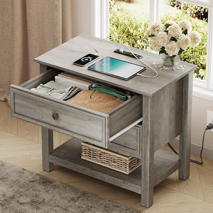 LGHM Large Nightstand with Charger Station, Dressers for Bedroom with 2 Drawers, 25.6" Tall Chest of Drawers Closet Organizers & Storage Clothes -Textured Borders for Living Room, Hallway, Gray
