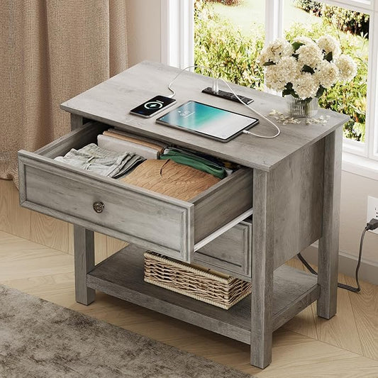 LGHM Large Nightstand with Charger Station, Dressers for Bedroom with 2 Drawers, 25.6" Tall Chest of Drawers Closet Organizers & Storage Clothes -Textured Borders for Living Room, Hallway, Gray