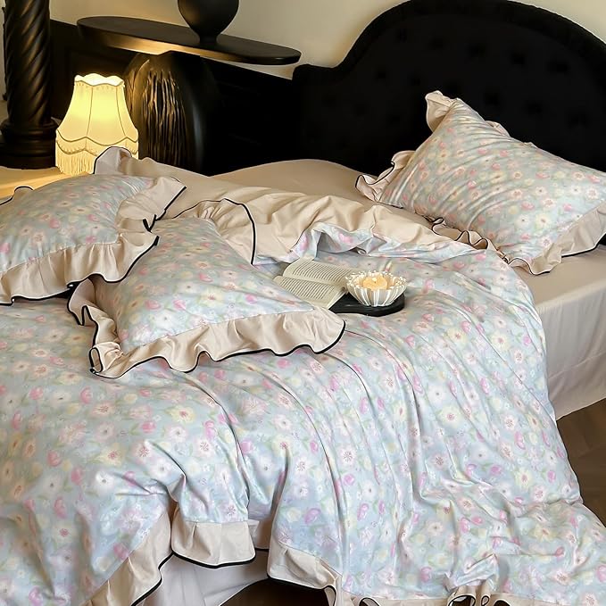 HighBuy Aesthetic Ruffle Floral Duvet Cover Set King,100% Brushed Cotton Soft Durable Reversible Coquette Ruffle Bedding Set,Pink White Floral Bedding Set,Duvet Cover with 2 Pillowcases
