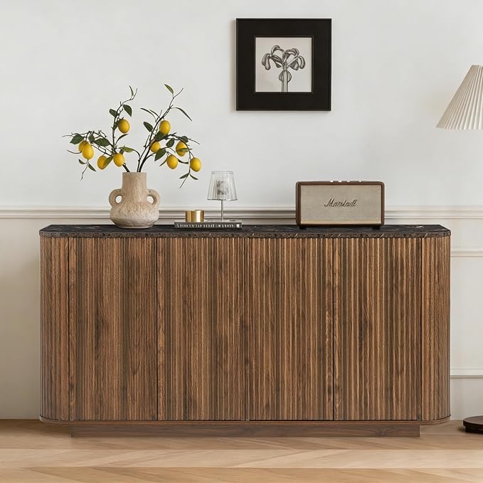 64" Sideboard Buffet Cabinet with Storage, Modern Fluted Credenza with Adjustable Shelves, Wood Faux Marble-Top Coffee Bar Console Table for Living Room Kitchen Dining Room, 31.5" H, Walnut