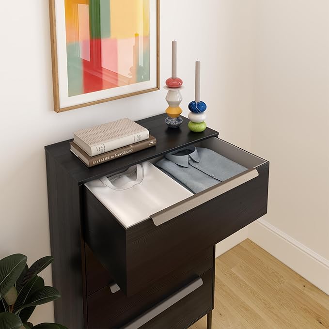 tinge Lira Premium Fabric Dresser - Solid Wooden Frame, 4 Spacious Sag-Proof Drawers with Sleek Metal Handles - Sleek & Durable Storage Solution for Your Home (Black)