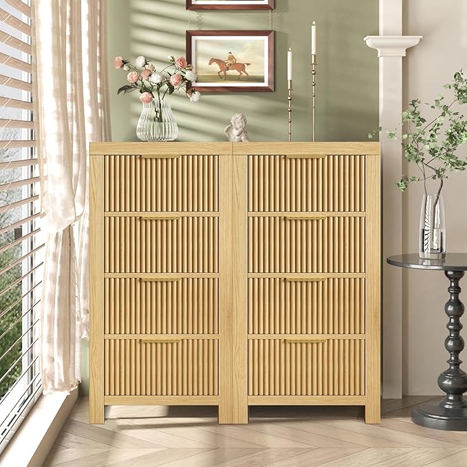 Modern 8-Drawer Solid Wood Dresser with Fluted Front & Gold Handles, Multifunctional Tall Storage Chest, for Hallway, Entryway, Natural X2