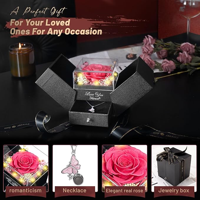DRTINA Preserved Pink Real Rose with I Love You Butterfly Necklace-Eternal Flowers Rose Birthday Gifts for Women Wife Mom Girlfriend Grandma on Mothers Day Valentines Anniversary Christmas Romantic