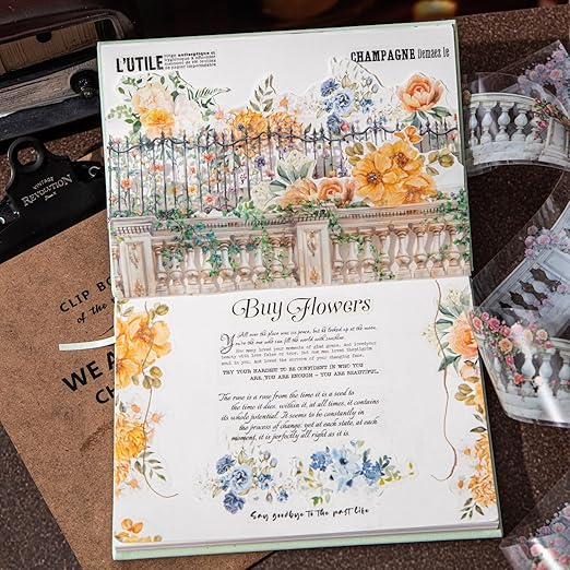 AuriicLeaf Floral Trellis PET Tape Set - 6 Rolls of Seamless Vintage Balcony & Vine Designs with 1 Metal Clip, Self-Adhesive Waterproof Decorative Tapes for Scrapbook Journal and DIY Décor