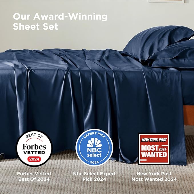 Bedsure Full Size Bed Sheets, Cooling Sheets, Rayon Derived from Bamboo, Breathable & Soft, Deep Pocket Up to 16 Inches, Hotel Luxury Silky Bedding for Hot Sleepers, Navy