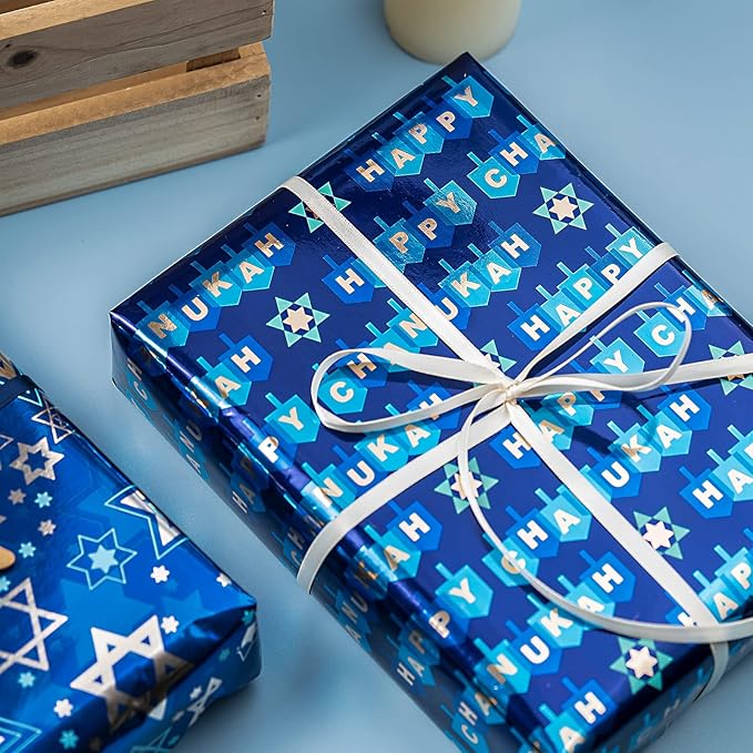 MAYPLUSS Wrapping Paper Roll - Mini Roll 17in *120in Per roll 3 Rolls Gift Wrapping Paper Hanukkah Design,Menorahs, Star of David, Letter Hanukkah for Chanukah Celebration (42.3 sq.ft.ttl)