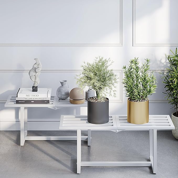 Plant Stand Indoor Outdoor, Foldable Metal Plant Shelf for Multiple Pots, Mid Century Slatted Bench for Patio Garden, Heavy Duty Capacity 330 lbs 2 Pack White