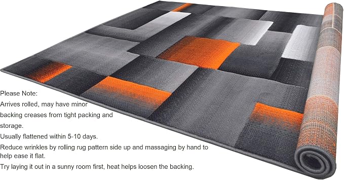 HR 5’ x 7’ Rug in Electric Orange - Premium Quality Orange/Black/Gray Abstract Geometric Modern Squares Pattern Area Rug - Contemporary Styling for Living Room, Bedroom - Unique Home Decor