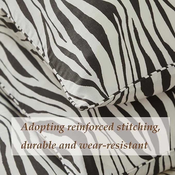 FADFAY Zebra Duvet Cover King, 100% Cotton Chocolate and White Animal Print Bedding Set, 3 Pieces with Zipper Closure & Corner Ties
