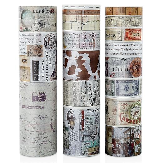 18 Rolls Vintage Washi Tape Set, Newspaper Building Map Retro Masking Tape 5/10/15/20/25/30/50/75mm Wide 6.56ft Long Decorative Scrapbook Tape for journaling, Scrapbooking Supplies, Junk Journal Craft