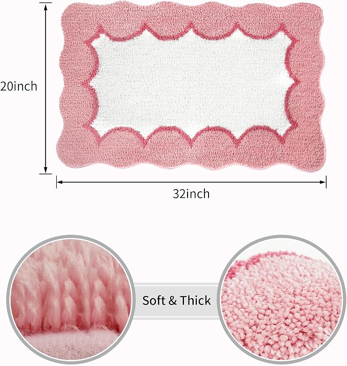 Scalloped Pink Bathroom Rugs Mat,Non Slip Absorbent Quick Dry Bath Mats for Shower Room,Plush Microfiber Bath Mats for Bathroom Floor Washable Carpet for Shower Tub Sink Bedroom,20"x32"