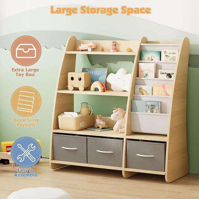 NACHES Kids Bookshelf and Toy Storage Organizer, Montessori Nursery Book Shelves with Sling Rack & Fabric Toy Bins, Toddler Baby Bookcase, Wooden Toy Shelf for Kids Room, Playroom, Sail-Burlywood