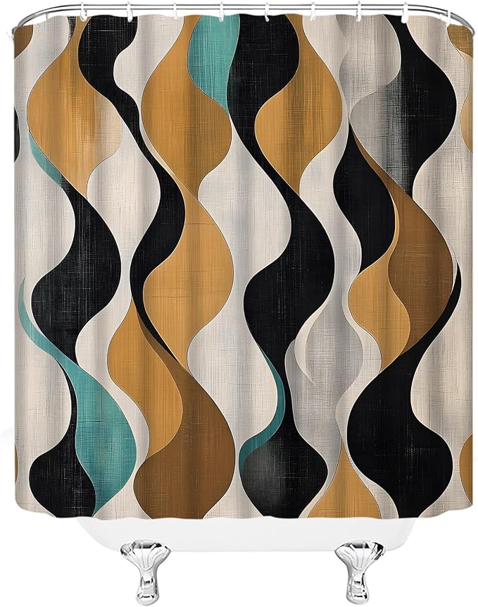 Mid Century Shower Curtain Boho Minimalist Modern Abstract Aesthetic Geometric Striped Atomic Retro Earthy Fabric Bathroom Decor Set with Hooks(70" Wx84 H)