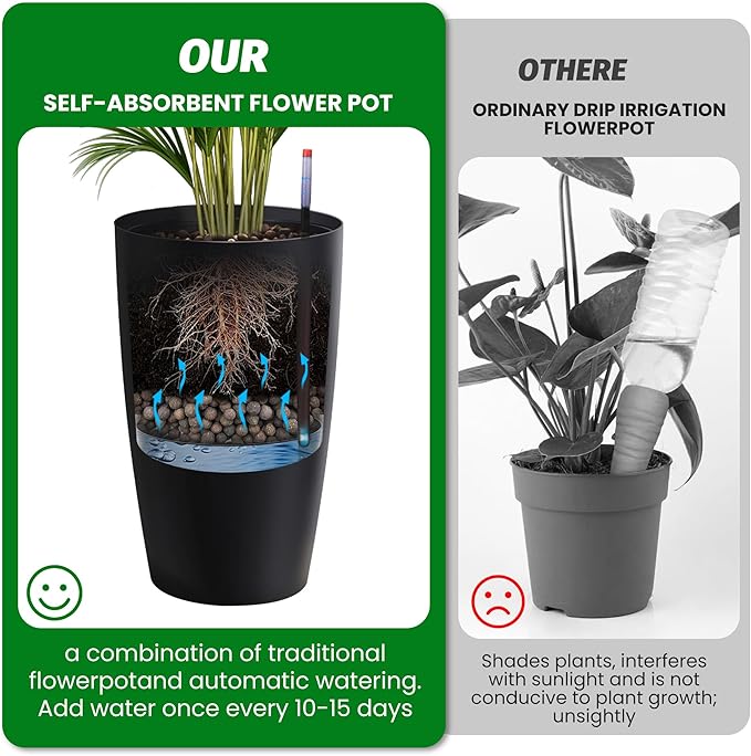GarveeLife Set of 2 Tall Planters for Outdoor Plants, 22 in Large Planters for Outdoor Indoor Plants with Water Level Monitor ＆ Inner Bucket, Automatic Watering, for Porch, Patio, Backyard, Black