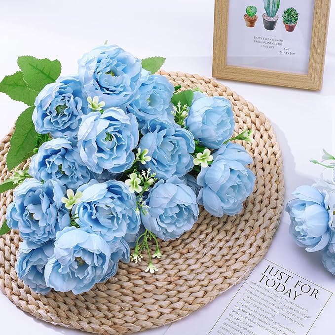 8 Pack Blue Peonies Artificial Flowers, Fake Silk Hydrangea Bouquet for Bridal Wedding Home Table Decor Reusable Dining Opening Ceremony Birthday Arrangement Faux Floral