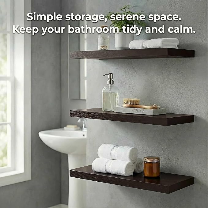 SAUMONIERES Floating Shelves Wall Shelf Solid Wood for Bathroom Bedroom Kitchen Set of 3, Espresso Wall Shelves