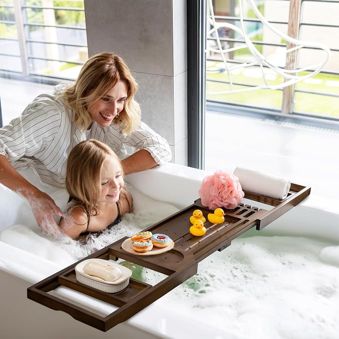FLYJOE Wood Bathtub Tray Table - Foldable Bath Tray for Tub with Expandable Handles, Wine Glass & Phone Holder, Book Stand - Enhance Home Spa Experience with Natural TeakMaterial, Walnut