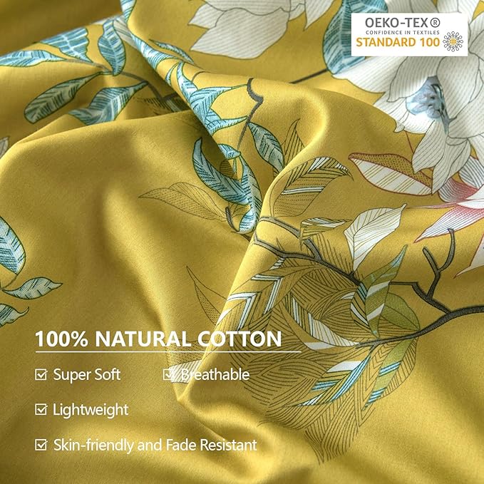 EAVD Cute Birds Duvet Cover Twin XL Cotton Floral Duvet Cover Set Yellow Bedding Set with Garden Tree Branches Flowers Birds Pattern Reversible Design Girls Duvet Coveer with Zipper Closure