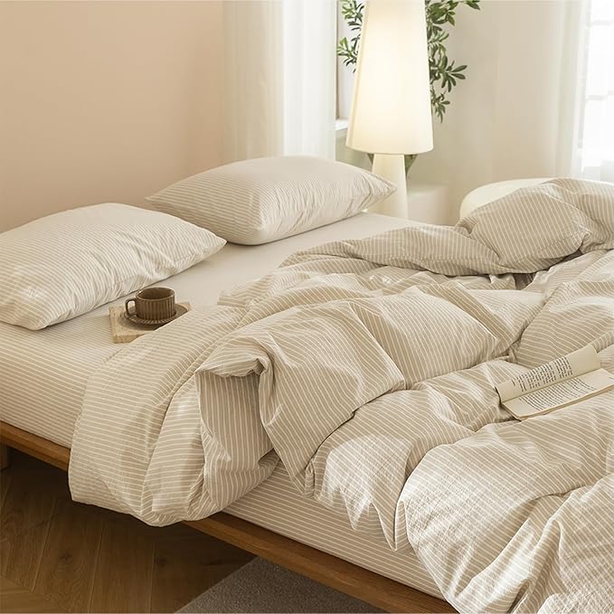 JIYUAN 100% Washed Cotton Striped Duvet Cover Set 3 Pieces Queen, 1 Duvet Cover and 2 Pillowcases(Comforter Not Included),Linen Like Bedding Set Comfy and Breathable,Pinstripes-Heathered Beige White