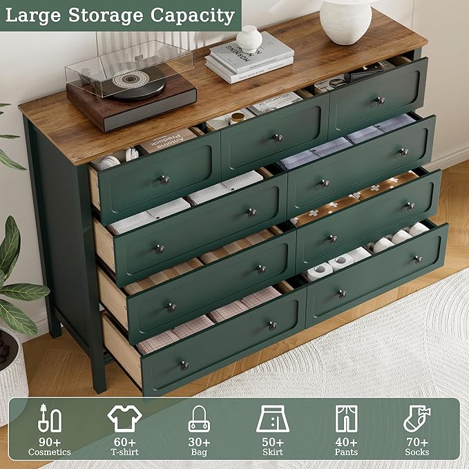 Dresser for Bedoom, Modern Chest of Drawers, Wood 9 Drawer Dresser with Metal Handles, Storage Organizer Wide Dressers for Living Room, Hallway, Entryway, Green