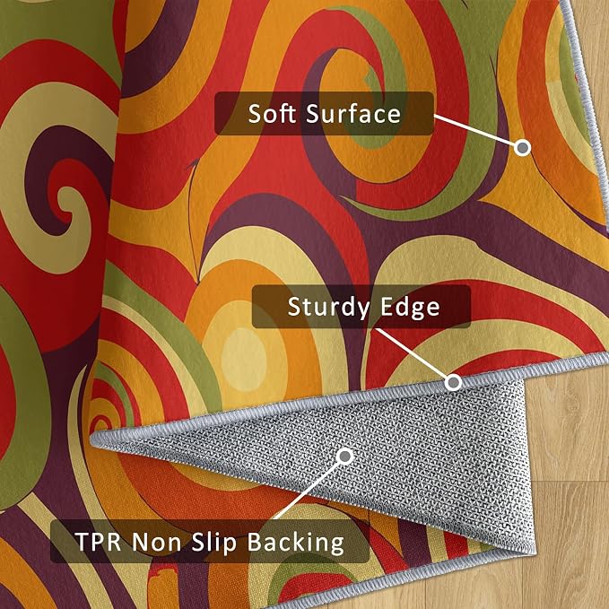 70s Retro Rug 3x5 Swirl Psychedelic Groovy Hippie Pop Pattern Area Rugs for Living Room, Bedroom, 70s Retro Home Decor Accessories Indoor Carpet, Non Slip & Machine Washable, GD0314