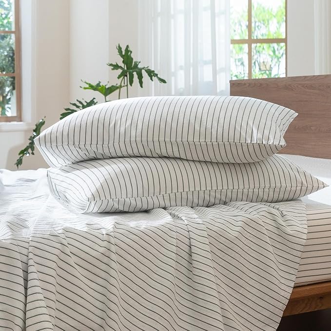 MooMee Striped Duvet Cover Set 100% Washed Cotton Linen Like Textured Breathable Durable Soft Comfy (White Heathered Green Wide Stripes, Super Queen 90"x98")