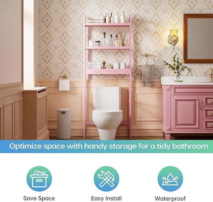 SMIBUY Bathroom Storage Shelf, Bamboo Over-The-Toilet Organizer Rack, Freestanding Toilet Space Saver with 3-Tier Adjustable Shelves (Pink)