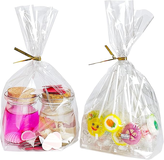 PigPotParty Cellophane Treat Bags 7"x10", 50 Pack Clear Goodie Bags, Bottom Gusset for Stand-Up Display, Small Plastic Gift Wrap for Cookies, Candy, Party Favors, Popcorn, Includes 50 Gold Ties