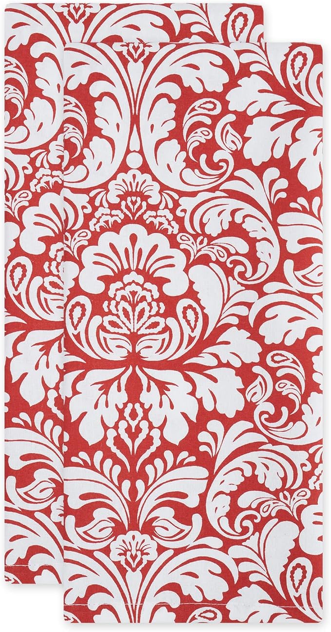 DII Cotton Dish Towel Set Damask Print, 18x28, Tango Red, 2 Count