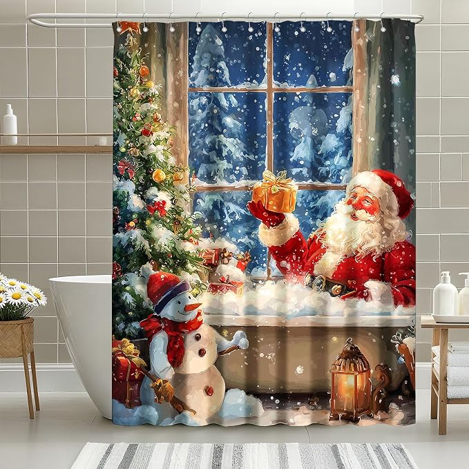 Vintage Christmas Shower Curtain Retro Santa Claus Shower Curtains for Bathroom Waterproof Fabric Bath Curtain Decor with Hooks
