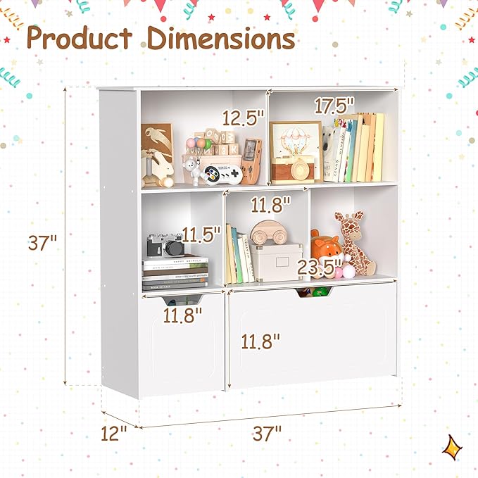 Toy Storage Organizer with 2 Movable Drawers, 3-Shelf Kids Bookcase Children's Toy Chest Cabinet for Playroom Bedroom Daycare Nursery School, 5 Cubes Montessori Bookshelf