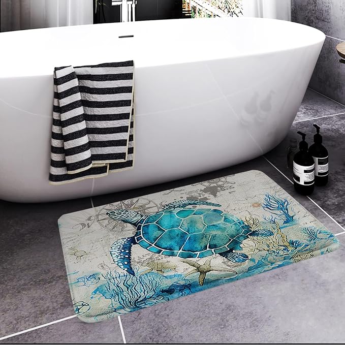 Britimes Bath Mat for Bathroom, Blue Turtle Washable Cover Floor Rug Carpets Floor Mat Bathroom Decorations 20x32 Inches for Kitchen Bedroom Indoor