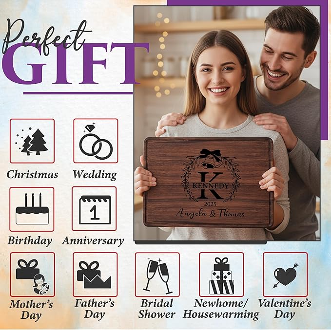 Personalized Cutting Board for Christmas, Gifts for Couples 2025, Custom Engraved with Names & Date, Unique Holiday, Bridal Shower, Anniversary & Newlyweds Present