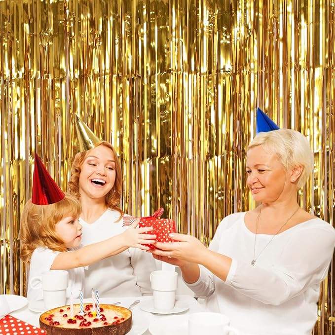 2 Pack Gold Fringe Curtain Backdrop, 3.2Ft x 8.2Ft Metallic Photo Booth Backdrop Tinsel Door Curtains for Birthday Baby Shower Anniversary Christmas New Year Eve Bachelorette Party Decorations