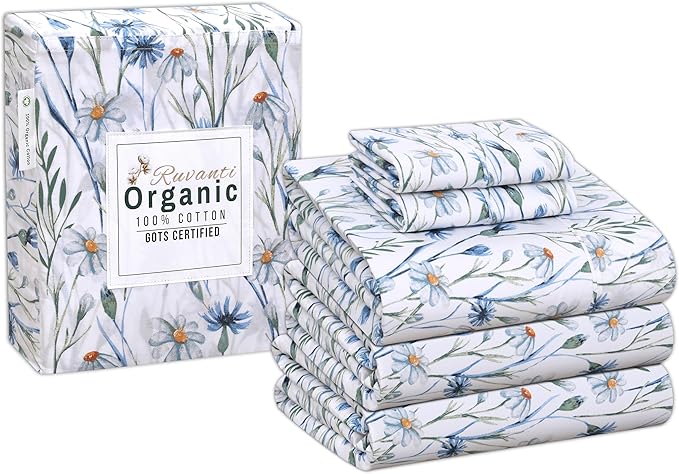 RUVANTI 100% Organic Cotton Sheets Split King, Percale Weave, GOTS Certified, 5-Piece Set, Deep Pocket 15", Crisp & Breathable, Soft Durable Bedding, Sábanas Algodón Orgánico – Daisy Bud