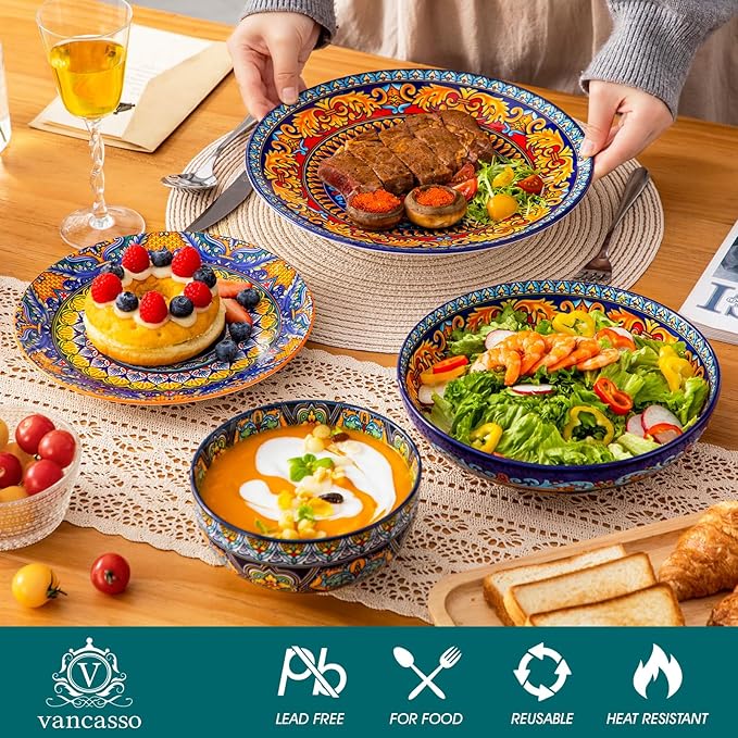vancasso 24-Piece Dinnerware Sets,Plates & Bowls Sets Service for 6, Bohemian Porcelain Dishes Set for 6, Kitchen Dinner Set,Microwave & Dishwasher Safe, Scratch Resistant,Series KRVI