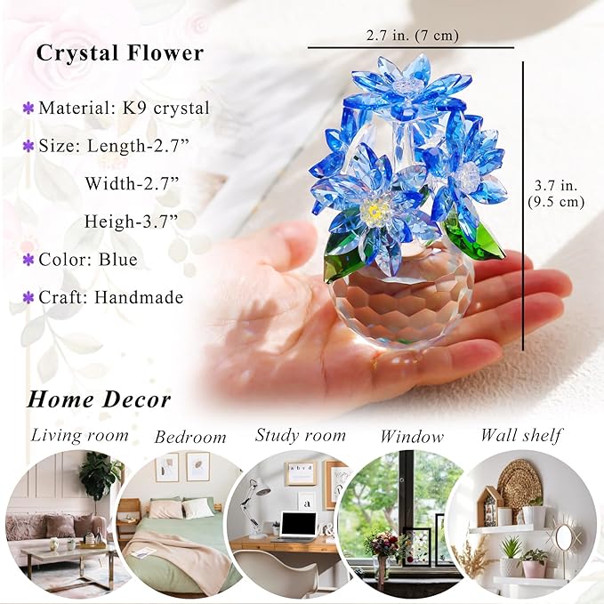 YWHL Beautiful Crystal Flower Gifts for Women, Blue Glass Flower Figurine with Stand, Handmade Art Collectible Statue Decor (Blue)