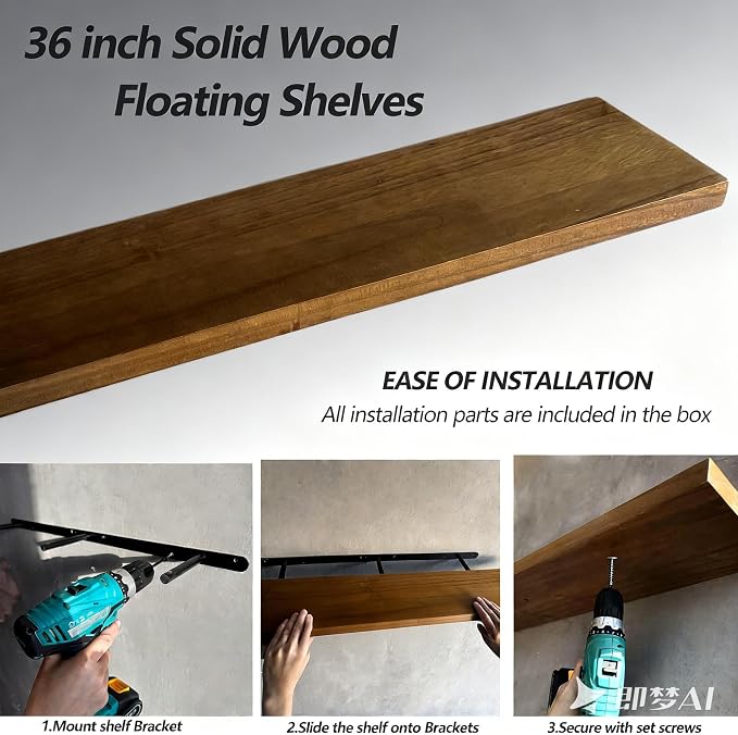 ROGMARS 36 Inches Long Walnut Floating Shelves,Rustic Solid Wood Farmhouse Wall Shelves with Invisible Brackets for Bathroom, Living Room, Bedroom, Kitchen Set of 2