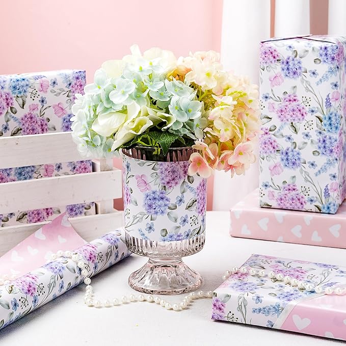 Yarcony Blue Floral Wrapping Paper Roll - Mini Roll,17 Inch X 33 Feet - Elegant Watercolor Hydrangea Flower Gift Wrap for Wedding, Bridal Shower, Anniversary, Mother's Day, Birthday