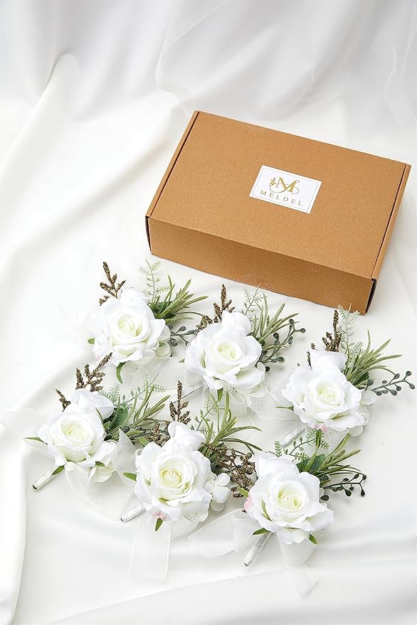 Meldel Boutonniere for Men Wedding, Set of 6, Elegant Artificial White Rose Boutonniere for Wedding Prom Homecoming Party, Perfect Accessories for Groom Best Man