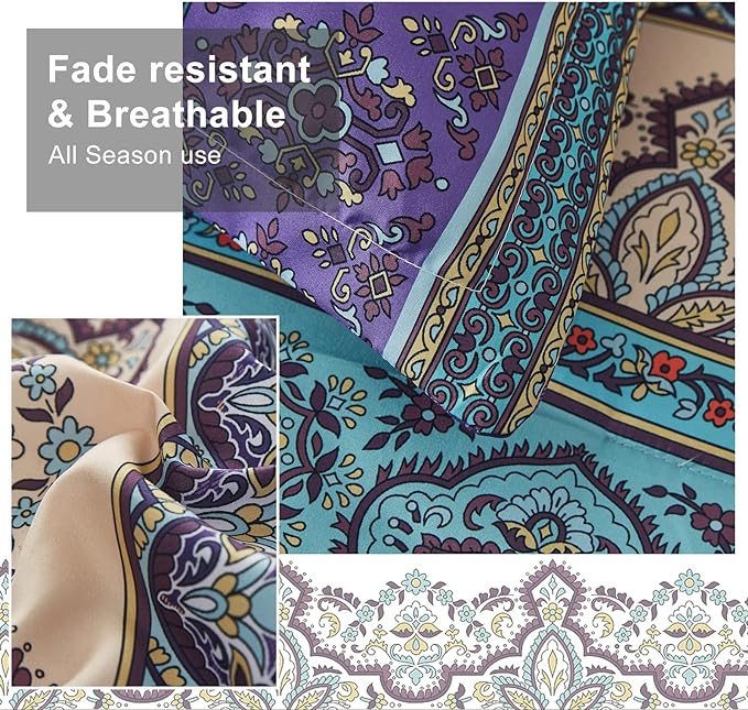 Cottolester Boho Comforter Set Full Size 8 Piece Bed in a Bag Bohemian Striped Bedding Quilt Set Aqua Paisley Floral Comforter and Sheet Set,Soft Microfiber Complete Bedding Sets for All Season