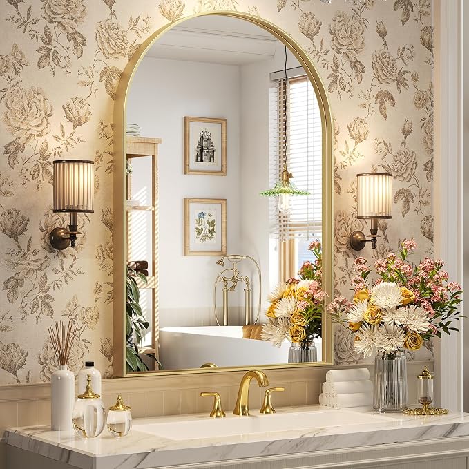 Brightify Arched Wall Mirror, 26 x 38 Inch, Gold Metal Frame, HD Silver, Bathroom, Living Room, Wall Mount