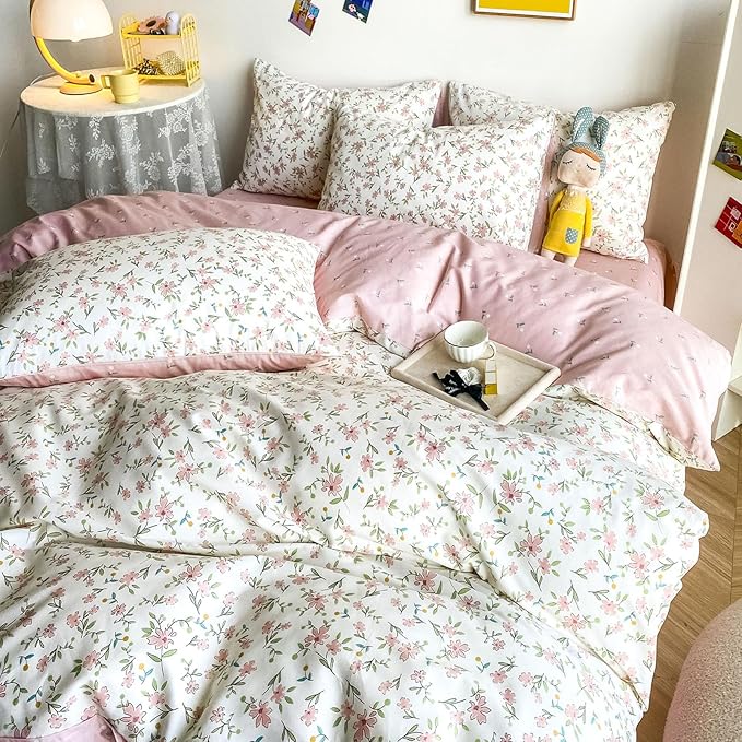 HighBuy Soft Cotton Floral Duvet Cover Twin XL White with Pink Floral Print,Garden Style Botanical Coquette Bedding Comforter Cover Bedding Set,Cottagecore 1 Twin XL Duvet Cover,2 Pillowcases
