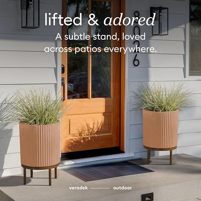 Veradek Demi Series Round Planter w/Stand for Porch/Patio | Durable Plastic-Stone Composite & Wooden Stand | Modern Décor for Tall Plants, Flowers