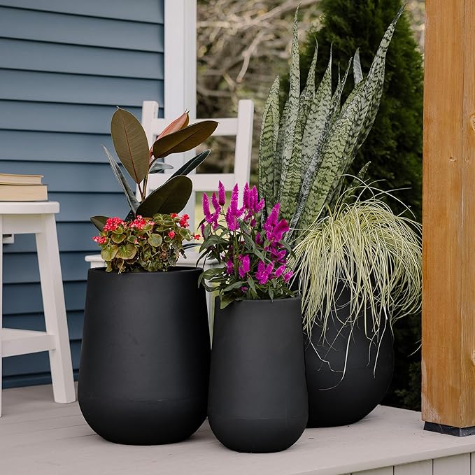 Beuta Large Planters for Outdoor Plants - Set of 3, 15.5/18/20.5 Inches Outdoor Planters for Porch - Tall Planter for Outdoor & Indoor Plants | Large Indoor Plant Pot - USA Made - Black