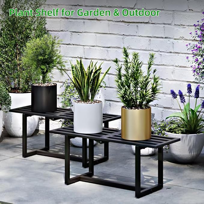 Plant Stand Indoor Outdoor, Foldable Metal Plant Shelf for Multiple Pots, Mid Century Slatted Bench for Patio Garden, Heavy Duty Capacity 330 lbs 2 Pack Black