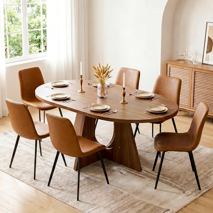 HIPIHOM Modern Round Expandable Dining Table Set for 6, 43.3"-59" Walnut Kitchen Table with 6 PU Leather Chairs, 7-Piece Mid-Century Dining Room Set